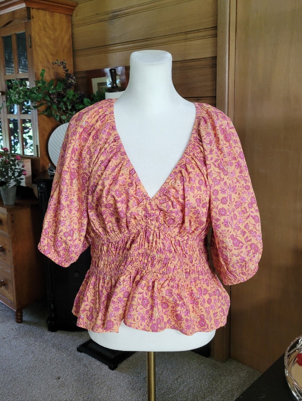 Old Navy - Smocked Peplum V-Neck Blouse in Pink and Orange